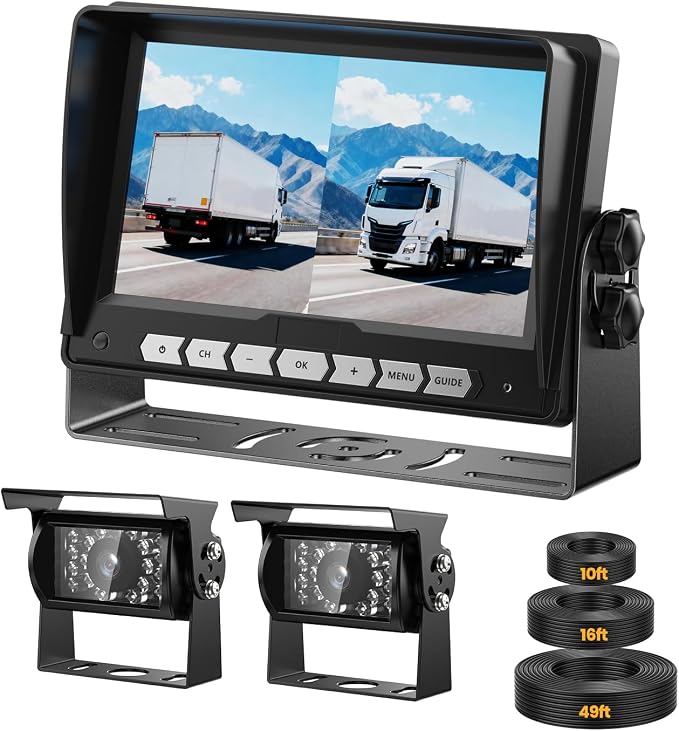 7'' Dual Camera Backup Systems with DVR Recording, IP69 Waterproof Front & Rear View Camera, Loop Recording, Split Screen, 12V-24V