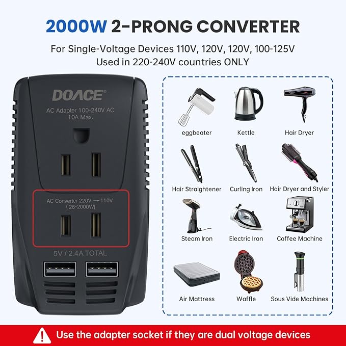 Upgraded 2000W 220V to 110V Converter for European Travel, Voltage Converter US to Europe for Hair Dryer Straightener Curling Iron, 2300W Adapter with EU/UK/AU/US Plugs for Laptop Camera Cell Phone