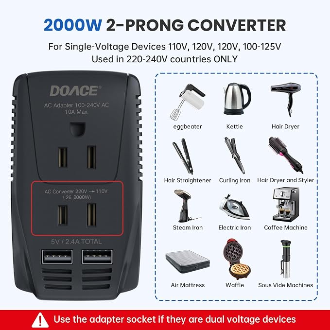Upgraded 2000W Voltage Converter US to Europe -220V to 110V Converter for European Travel for Hair Dryer Straightener, 2300W Power Converter Adapter Combo with Dual USB for Tablet Camera Cell Phone