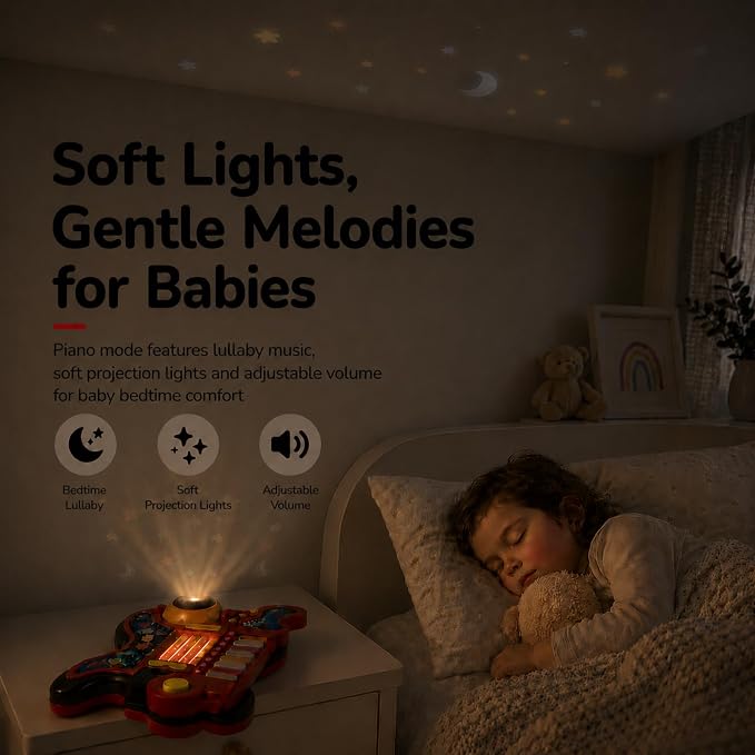 Toddler Guitar Toy for Boys & Girls 1-3, 4-in-1 Touch & Play Kids Guitar Piano Musical Toy with Projector Light, Drum, Lullabies & Volume Control, First Guitar Birthday Gift for Kids & Babies Ages 1-5