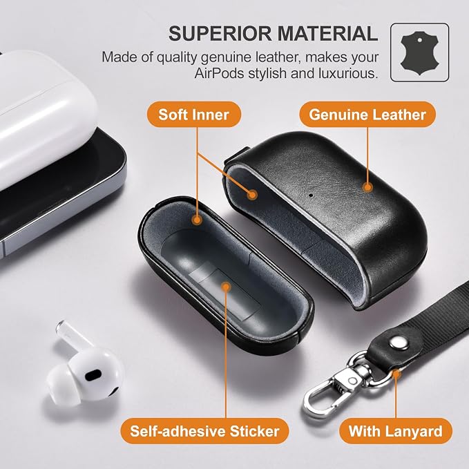 ICARER AirPod Pro 3 Case with Strap, 100% Geniune Leather Case, Handmade Top Grade Vintage Cover, Shockproof Protective Wireless Charging Cover, Compatible with AirPod Pro 3 2025 Model (Black)