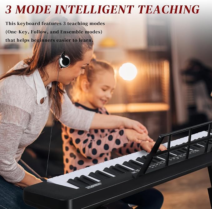 Ktaxon 61 Key Keyboard Piano Electric Keyboard w/Lighted Keys, Electric Piano Set with Headphones, Microphone, Music Rest, Power Adapter, Stand, Piano Bench and Manual (Compact-Classic Black)