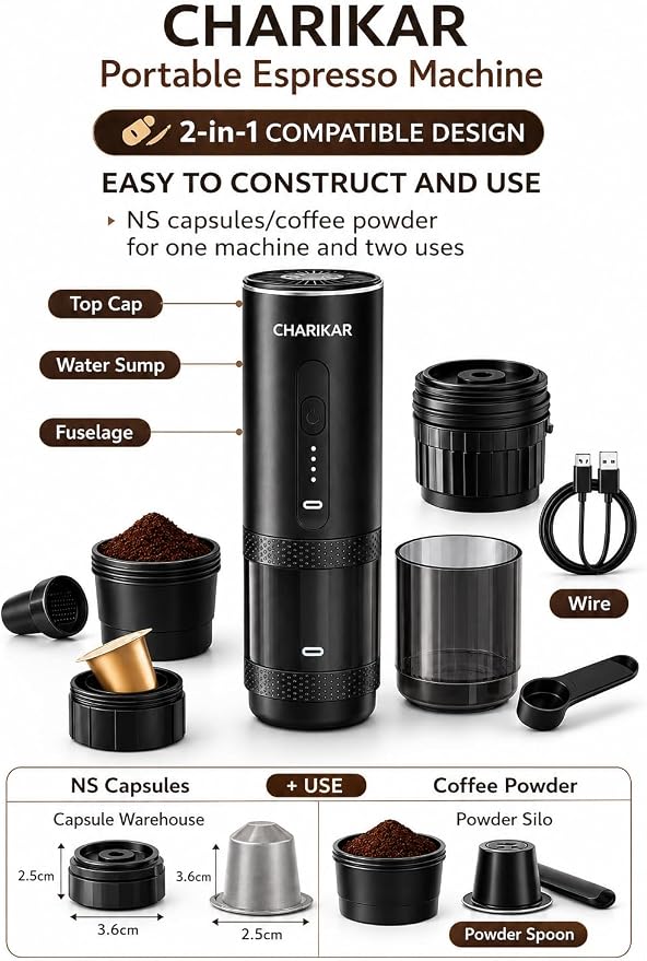Portable Espresso Machine, Self-Heating Travel Coffee Maker, 20 Bar 7500mAh Rechargeable Espresso Maker for Ground Coffee & Capsules, Compact Cordless Brewer for Camping, Car, Office & RV