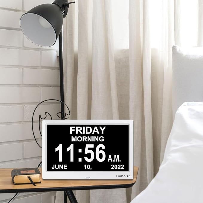 TROCOTN Dementia Clocks, Large Display Calendar Alarm Clock with Auto DST for Seniors, 5 Display Modes Large Font Digital Clock with Custom Alarms Day Date Clocks.(10 Inch White)
