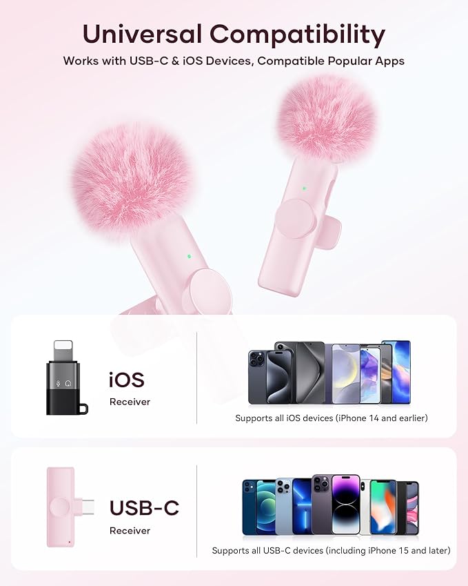 Wireless Microphone for iPhone iPad and Android Phone, 2 Pack Wireless Lavalier Lapel Mic with Noise Reduction, Plug and Play Mini Microphone for Video Recording Interview YouTube TikTok Vlog (Pink)