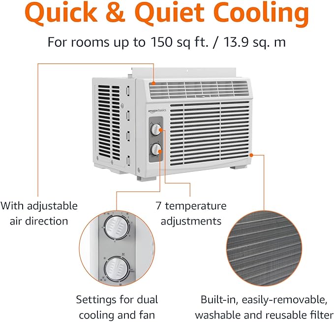 Amazon Basics 5000-BTU Window Air Conditioner with Quiet Operation, Up to 150 Sqf, Cool and Fan Functions, Washable Filter, Adjustable Window Kit, Intuitive Mechanical Controls, for Small Room, White