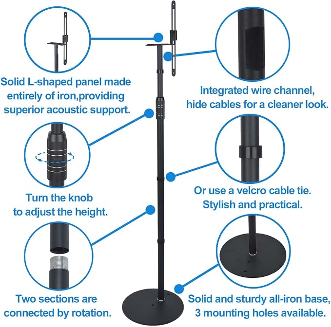 Speaker Stands,All Metal Speaker Stands Pair for Satellite & Small Bookshelf Speakers，Adjustable Height from 33" to 48",Holds up to 8.8 lbs,Easy DIY Assembly,HD-718,2 Packs,Black