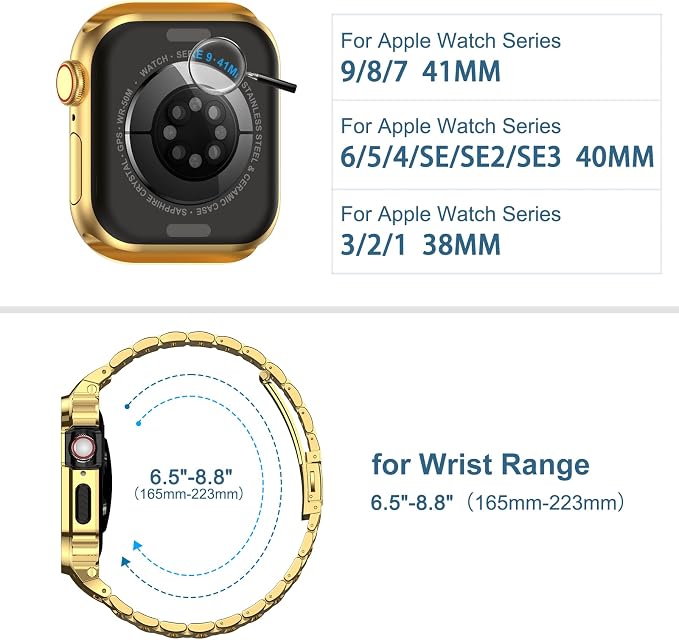 MioHHR Stainless Steel Watch Band with Case Compatible for Apple Watch Bands 40/41 mm,Rugged Strap with Metal Protective Bumper Cover for iWatch Series 8/7/6/5/4/SE for Men(Gold)