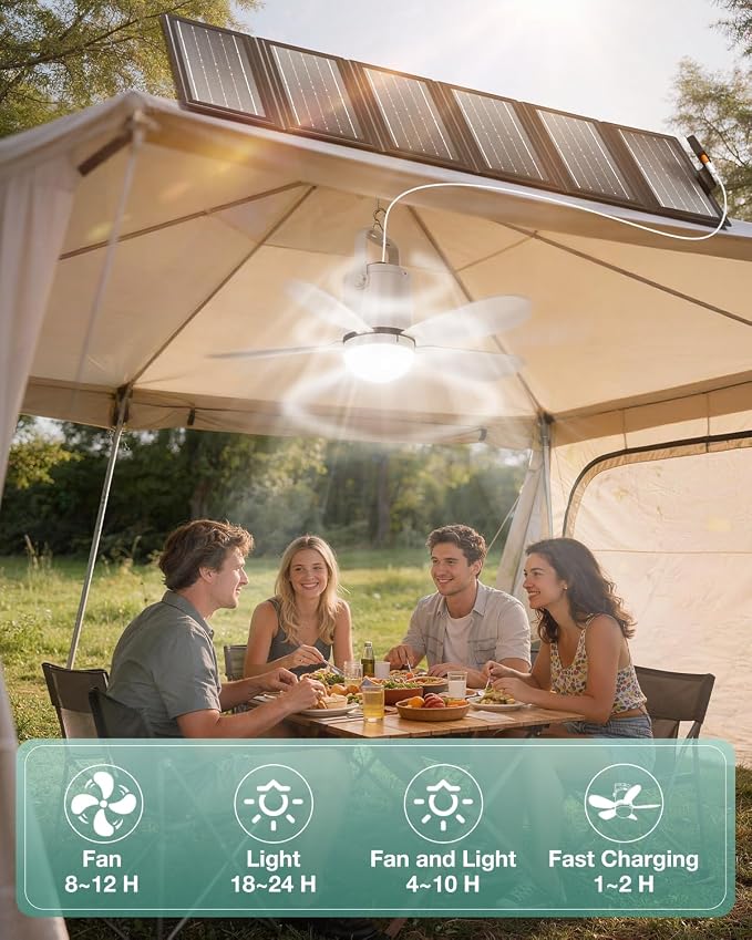 21” Solar Ceiling Fan Light, Battery Operated Camping Fan with Remote Contorl & 30W Portable Foldable Solar Panel, Rechargeable Gazebo Fan Light Outside for Tent Canopy Pergola Travel