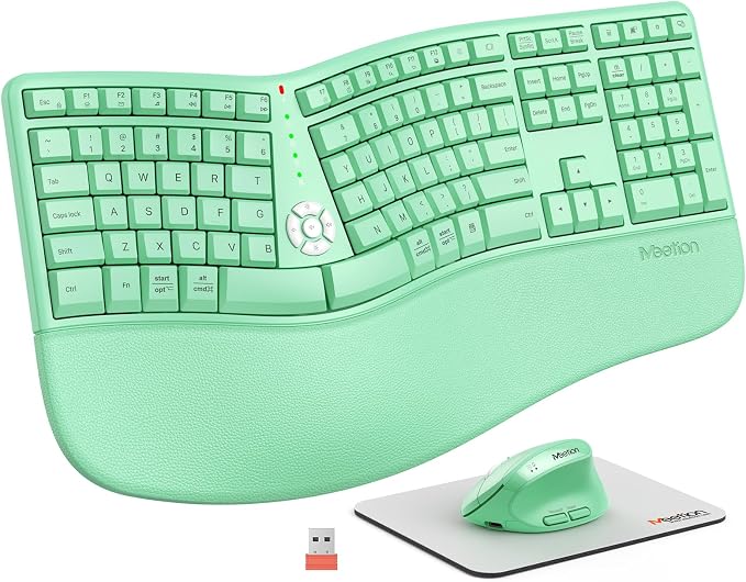MEETION Ergonomic Keyboard and Mouse, Wireless Keyboard with Vertical Mouse, Split Curved Keyboard with Wrist Rest, USB C Rechargeable Full Size, Windows/Mac/PC/Laptop, Green