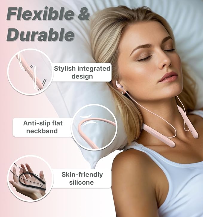 Hmusic HS88 Sleep Earbuds for Side Sleepers – Ultra-Thin Silicone Neckband Headphones, 30dB Noise Isolation, 12H Battery Life with Sleep Timer, Secure Fit for Yoga, Travel, Audiobooks & Meditation