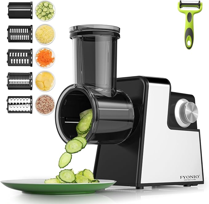 Electric Cheese Grater, 5 in 1 Salad Maker with Stainless Steel Blades, 250W Electric Food Slicer & Shredder, Electric Salad Machine for Cheeses, Fruits, Potatoes, Carrots
