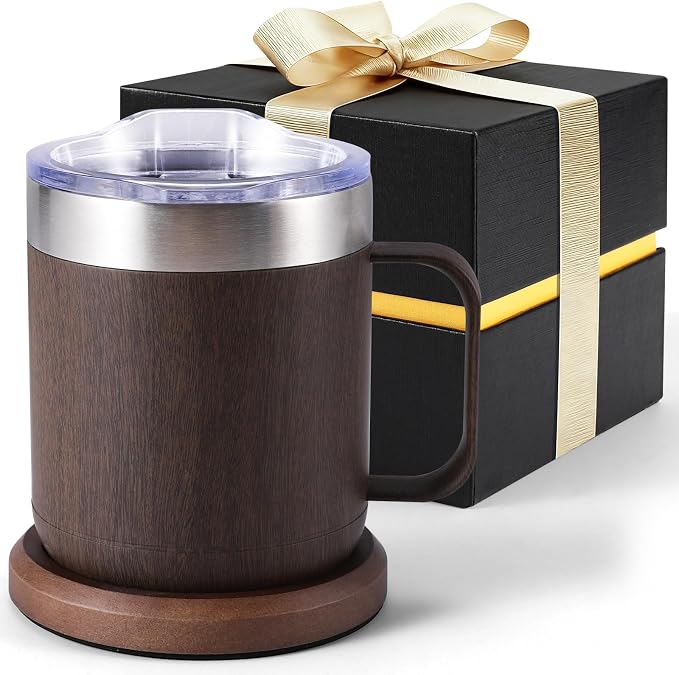 Gifts for Women Men, Heated Coffee Mug Up to 149°F, Ideal Gifts for Christmas, Birthday, Mother's Day, Father's Day or Any Occasion (12oz Wood)