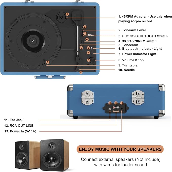 Vinyl Record Player Bluetooth Vintage Portable Suitcase Turntable with Built-in Speakers 3-Speed Belt-Driven Record Player Support RCA Output and Headphone Output