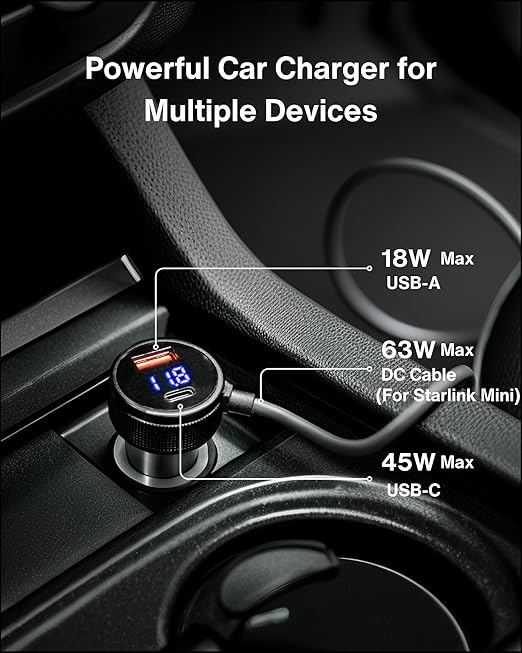 Car Charger Cable for Starlink Mini 10FT/3M with Display - 60W DC + 33W Dual USB-C/USB-A Power Adapter for Trucks, RVs & Boats, 12-24V Aluminum 18AWG Cord with Real-Time Voltage Monitoring