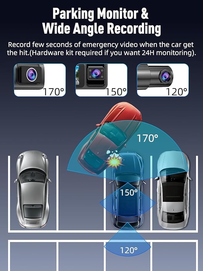 3 Channel 5G WiFi Dash Cam, 4K+1080P+1080P Dash Cam Front and Rear with 64GB Card, Dash Camera for Car with HDR IR Night Vision, G-Sensor, 24/7 Parking Mode, WDR, Support 128GB Max - Black