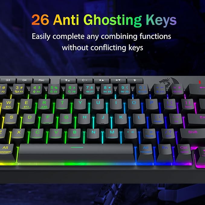 Redragon Wireless Gaming Keyboard, Bluetooth/2.4GHz/USB-C Wired, RGB Backlit, Portable 60% Mini Quiet Macro Membrane Keyboard, Rechargeable 4000mAh Battery, Anti-Ghosting for Win/MAC