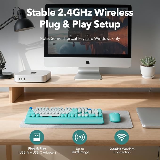 Wireless Keyboard and Mouse Combo with Detachable Magnetic Wrist Rest, Retro Typewriter-Style Keyboard, Round Keycaps, Adjustable Legs, 3-Level DPI Mouse, 2.4GHz for Windows PC/Laptop (Turquoise Blue)