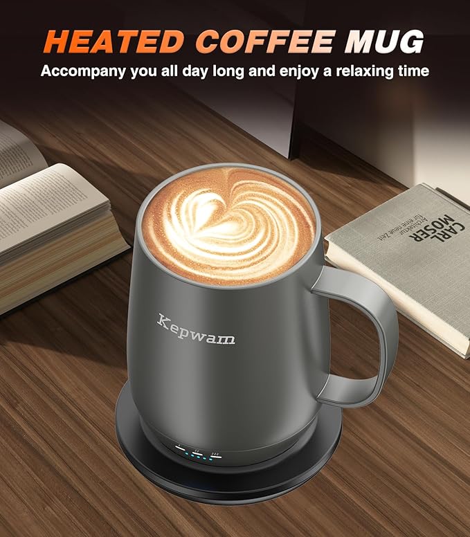 Kepwam Heated Coffee Mug Rechargeable T2, 16oz Smart Temperature Control, Up to 149℉, 150 Min Battery Life, Great Gift for Dad Mom
