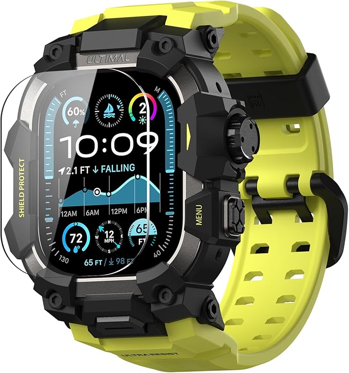 ULTIMAL Rugged Case with Band for Apple Watch 49mm,Compatible with Apple Watch Ultra 3/2/1, Military Grade Shockproof Bumper Cover for iWatch Tactical Band Men (49mm,Fluorescent Green)
