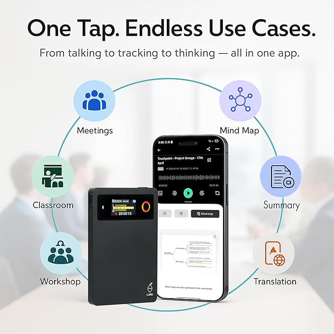 LIMU AI Voice Recorder with App Control - 18h Battery, 64GB Metal AI Note Taking Device - ChatGPT 5 Translation, Summaries & Mind Maps (125 Languages), 400 Min/Month, Audio Recorder with Transcription