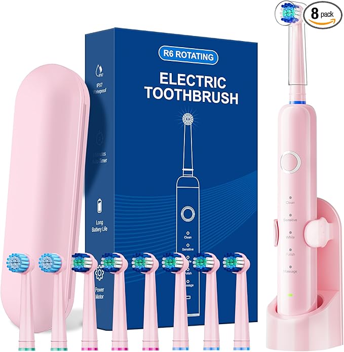 Rotating Electric Toothbrush for Adults, 8 Brush Heads (2 Types) & Travel Case, 5 Cleaning Modes Rechargeable Power Toothbrush with 2-Minute Smart Timer, Pink