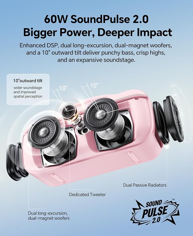 dbsono Portable Bluetooth Speaker Wireless: 100W(Peak) SoundPulse 2.0 with BassBoost, Waterproof Loud Party Speakers, Unlimited Pairing, TWS for Outdoor/Indoor, Beach Vacation Essential, Pink
