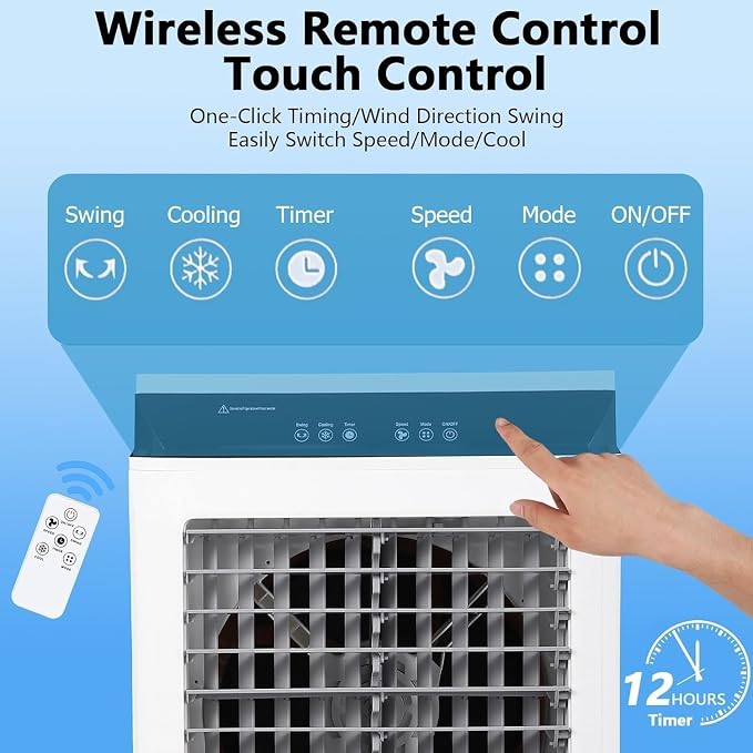 Evaporative Air Cooler, 1800CFM Portable Swamp Cooler with Remote Control, 3 Speeds, 12H Timer & 8.4 Gallon Water Tank, 3-IN-1 Cooling Fan for Bedroom Home Office Garage