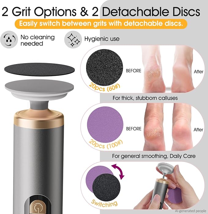 Electric Callus Remover for Feet, Rechargeable Pedicure Tools for Feet with 40PCS Sandpaper Discs, Adjustable Speed Heel Scraper for Cracked Heels, Foot Care Scrubber File for Dry Dead Skin