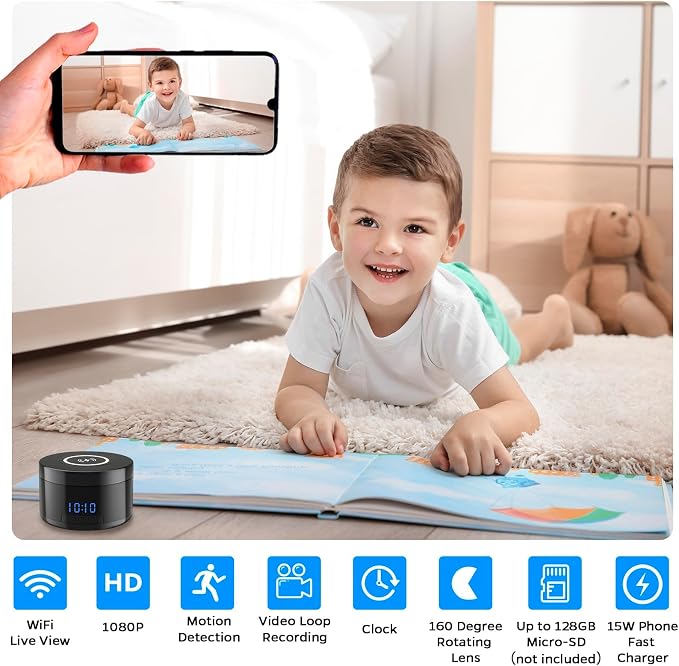 Indoor Security Camera | Clock & Wireless Charging, 1080P WiFi Cameras with Motion Detection, Night Vision, Local & Cloud Storage,with APP (Black)