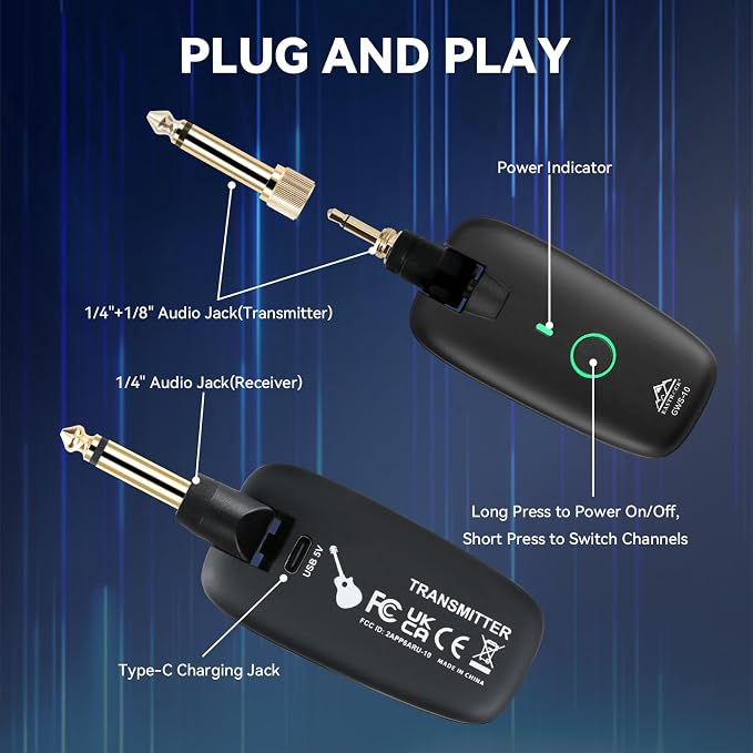 EASTROCK Wireless Guitar System, Guitar Transmitter & Receiver for Electric Guitar, Bass, Keyboard & More Instruments, 7-Channel Rechargeable, 6H Battery, 1/4” & 1/8” Plugs, Black