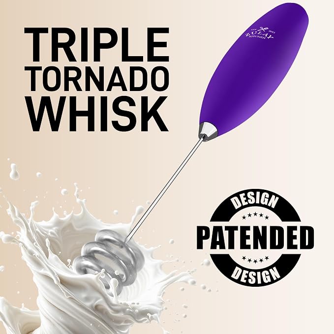 Zulay Kitchen Powerful Milk Frother Wand With Duracell Batteries - Ultra Fast Handheld Drink Mixer - Electric Whisk Foam Maker for Coffee, Lattes, Cappuccino & Matcha - Triple Whisk - Wine Purple