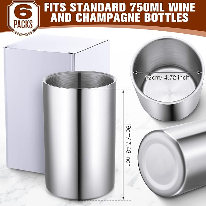 Potchen 6 Pack Wine Chiller Bucket Wine Bottles Cooler Bulk, Stainless Steel Double Wall Insulated Champagne Ice Bucket for Parties,Fits for 750 ml Bottles(Silver)