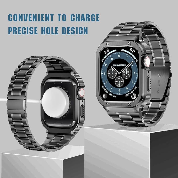 MioHHR Stainless Steel Watch Band with Case Compatible for Apple Watch Bands 38/40/41 mm,Rugged Strap with Metal Protective Bumper Cover for iWatch Series 9/8/7/6/5/4/SE/3/2/1 for Men(Space Grey)