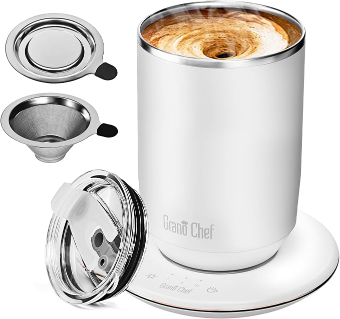 Self-Heating Coffee Mug, Coffee Mug with Self Stirring&Fast Heating, 10oz Temperature Controlled Coffee Cup Warmer, Heated for Tea/Coffee at Office/Kitchen/Travel, with Reusable Coffee Dripper, White