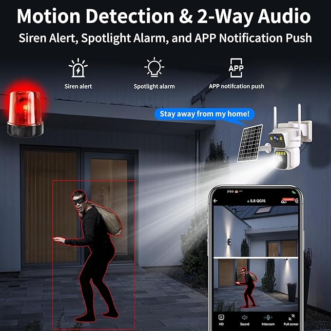 Luovisee Dual Lens Outside Cameras for Home Security Cameras 4 Pack,2.4G & 5G WiFi,Solar Battery Powered Camera with AI Motion Siren,SD/Free Cloud Storage,No Monthly Fee,Color Night Vision,Waterproof