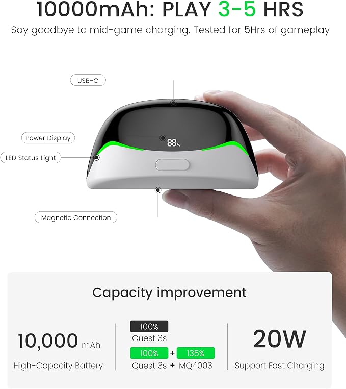 Battery Head Strap Accessories for Meta Quest 3/Quest 3S/Quest 2 - with Magnetic Hot-swappable & Detachable 10000mah Battery Pack, Comfortable VR Headset Strap for Oculus - MQ4003