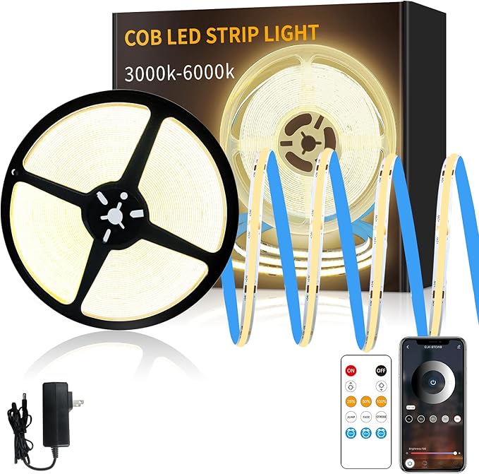50FT COB LED Strip Lights 3000K Warm White Dimmable DC 24V Flexible LED Tape Light for Bedroom, with Remote and App Control LED Light Strip,for DIY Home Decoration