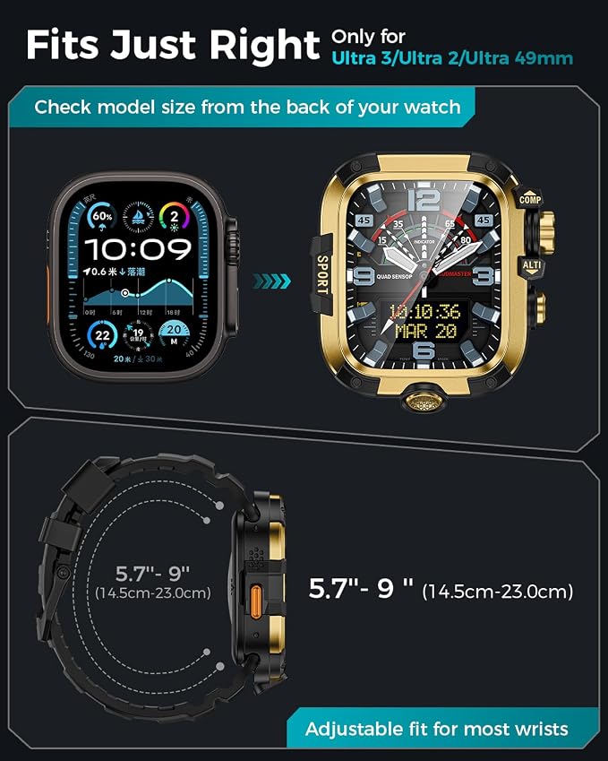 Goton Rugged Case and Band Kit with Screen Protector for Apple Watch 49mm, Compatible with Apple Watch Ultra 3/2/1, Full Body Shockproof Metal+PC Bumper Cover with Soft Band, 49mm Gold