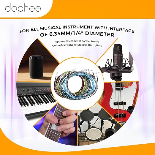 dophee 6 Pack 10ft Guitar Cable, 1/4" TS Port Instrument Bass AMP Cord for Electric Mandolin Piano Keyboard Mixer Amplifier Speaker Pro Audio (Right Angle to Straight, Multicolored)
