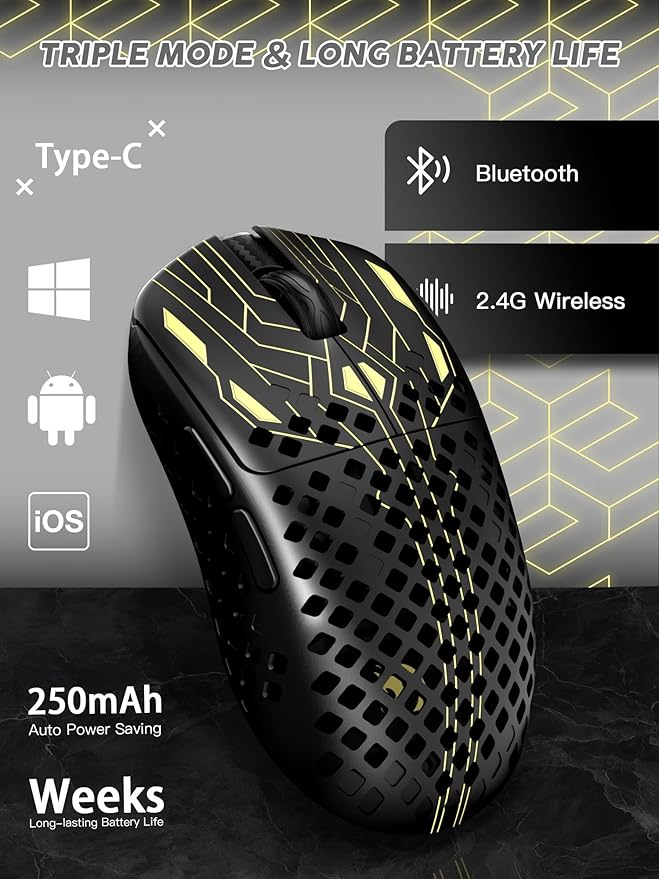 MAMBASNAKE M2 Carbon Fiber Wireless Gaming Mouse, PAW3395PRO 40K DPI, 1K Polling Rate 41g Ultralight Tri-Mode Ergonomic PC Mice, Cloud Driver AI Driver for PC/Mac/Win,Black