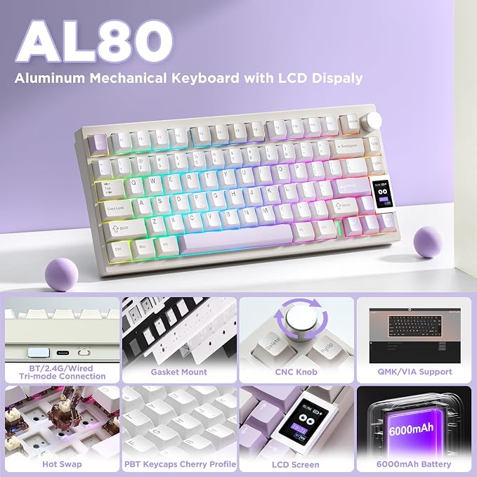 YUNZII AL80 Wireless Mechanical Keyboard,Full Aluminum CNC, Smart LCD Display,Hot Swappable Gasket Mount 75% Layout with Knob,BT/2.4G/USB-C,QMK/VIA Support for Win/Mac (Beige, Gateron Zero Switch)