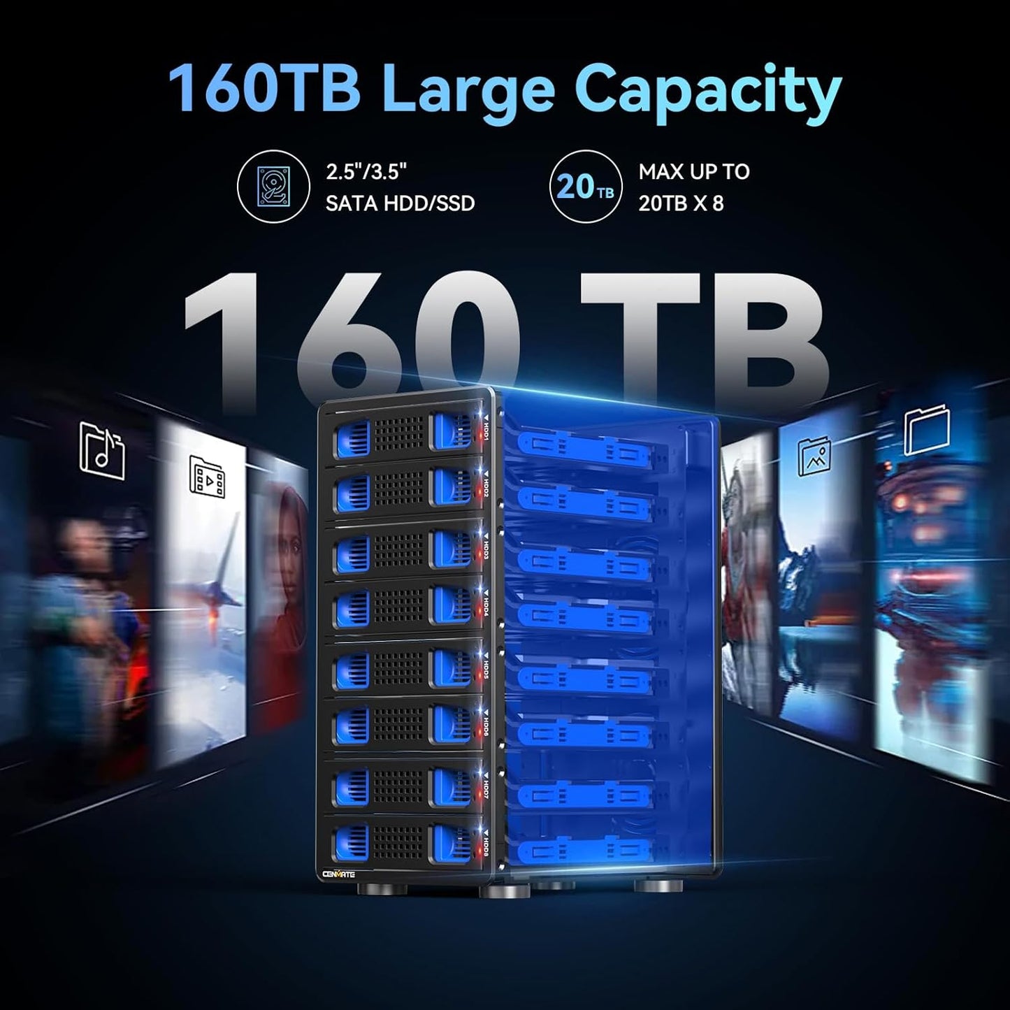 Aluminum 8 Bay 10Gbps Hard Drive Enclosure with Cooling Fan for 2.5“/3.5" SATA HDD/SSD with USB A/C 3.2 Gen 2, Support Hot Swappable, Daisy Chain Expansion, Tool-Free, DAS(NO RAID/NAS)