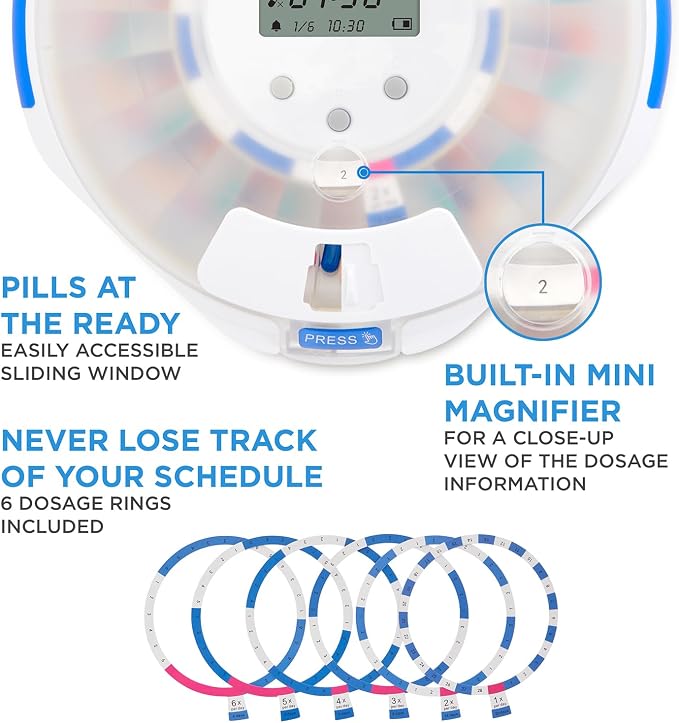 LiveFine Automatic Pill Dispenser with 28-Day Electronic Medication Organizer, 6 Dosage Rings, LCD Display with Sound & Light Alerts, Key & Magnifying Glass for Prescriptions, Vitamins & Supplements