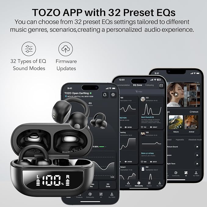 TOZO OpenEarRing True Open Ear Earbuds, Lightweight Comfort Open Ear Clip Wireless Earbuds, 40H Play Bluetooth 5.4 Headphones with Smart Digital Display Design Fit Sports Running, Workout Black