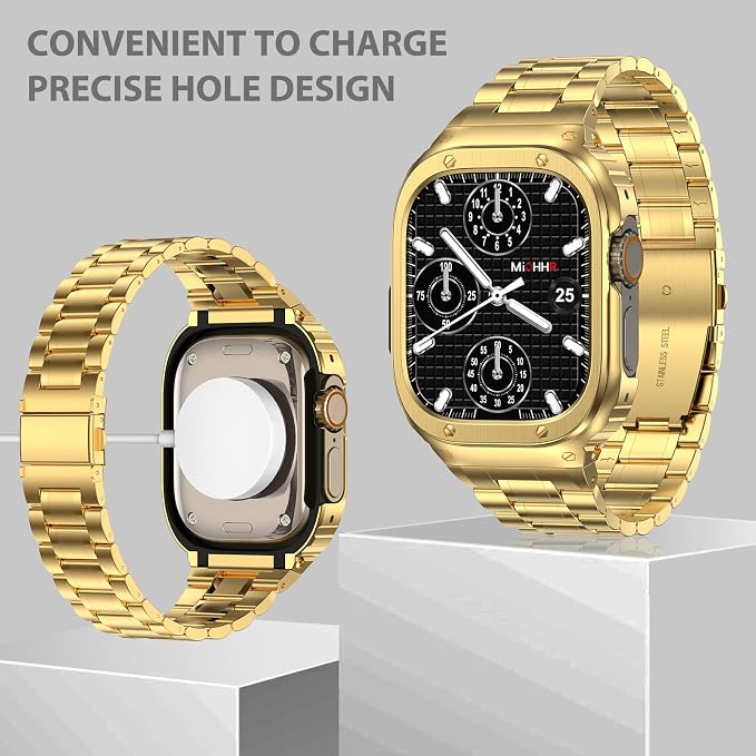 MioHHR Stainless Steel Watch Band with Case Compatible with Apple Watch Ultra3 2 1(49mm), Rugged Strap with Metal Protective Bumper Cover for iWatch Band Men(Gold)
