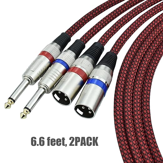 Unbalanced XLR Male to 1/4" TS Male Mono Cable, 6.6 Feet 6.35 mm Quarter Inch to 3pin XLRm Audio Cord, OFC Shield, Nylon Braided, Red Color, for Mixer/Keyboard/Electronic Drum, 2Pack