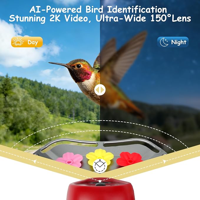 2K Solar Powered Hummingbird Feeder with Camera, AI Identify, Water Monitoring, Instant App Alert, Auto Recording, TF Card Included, Leak-Proof Ant & Bee Proof Outdoor Bird Feeder