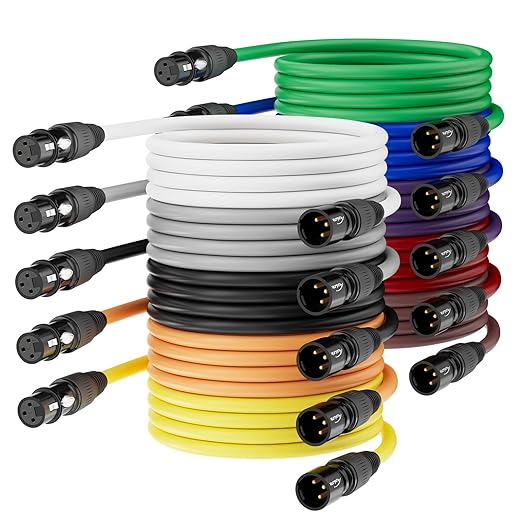 25ft XLR Cables - 10 Pack Microphone Cables, Gold-Plated Female to Male, 3-Pin, 10 Colors - Mixer, Recording Studio