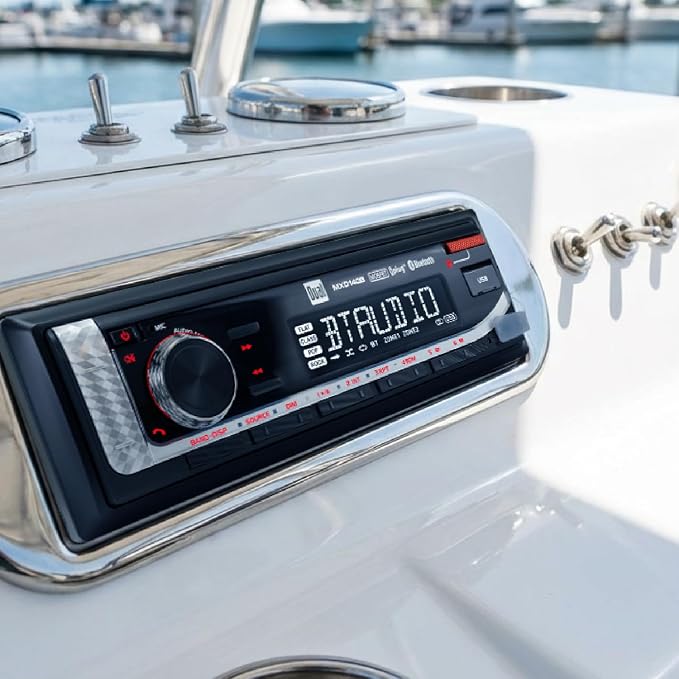 Dual Electronics MXD140B Marine Stereo with Built-in Bluetooth | Single DIN 8-Character Sunlight-Readable LCD Display | Weatherproof | AM/FM Stereo Receiver | USB Port with 2.1 A Charging | Black